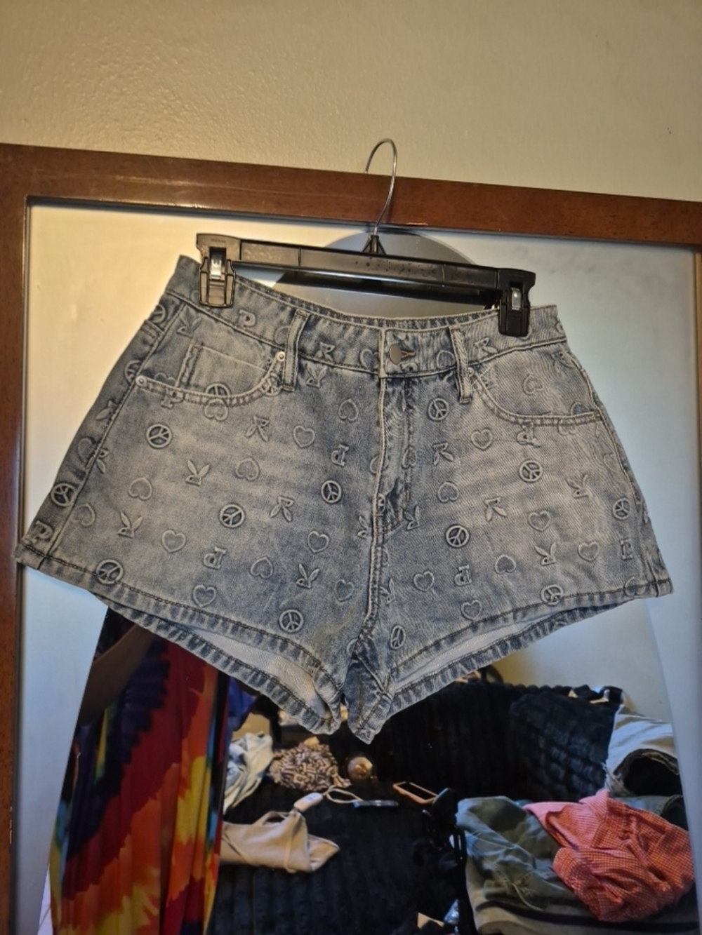 High-Waist Light Blue Embroidered Denim Shorts